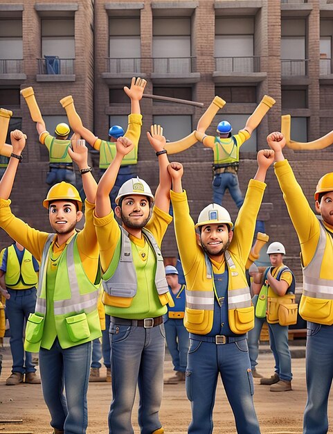 Construction workers in yellow vests and vests raise their hands in the air