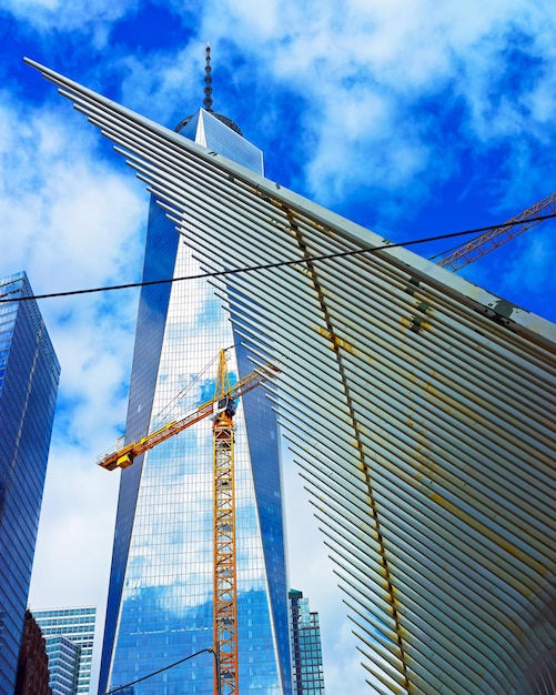 Construction works at Skyscrapers in Financial Center at Lower Manhattan, New York City, America. USA. American architecture building. Panorama of Metropolis NYC. Metropolitan Cityscape