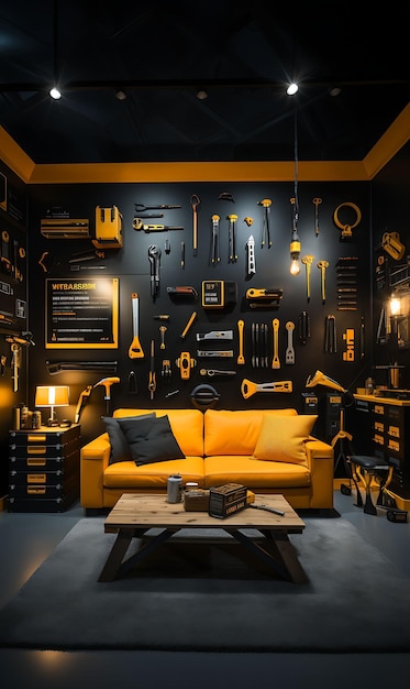 Construction Workshop Room Yellow and Black Color Theme Tool Creative Live Stream Background Idea