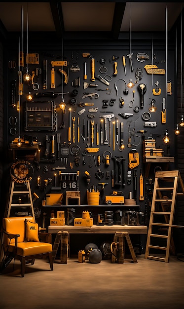 Construction Workshop Room Yellow and Black Color Theme Tool Creative Live Stream Background Idea