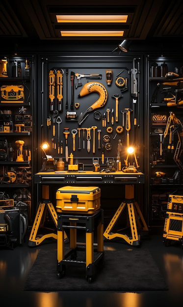 Construction Workshop Room Yellow and Black Color Theme Tool Creative Live Stream Background Idea