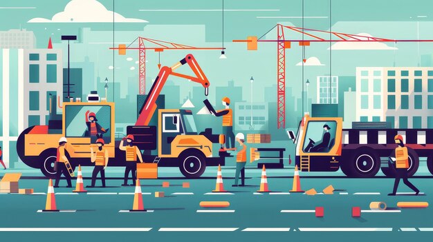 Photo construction zone with workers and vehicles a flat vector illustration depicting a bustling construction scene in a city showcasing workers vehicles and construction equipment