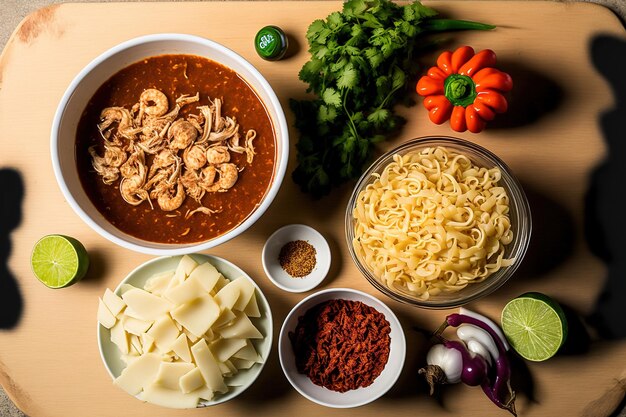 To consume instant noodles and soup with the meat and add chopped onions and peppers View of instant noodles from the top complete with Thai culinary spices chilli sugar cups and the idea of combi