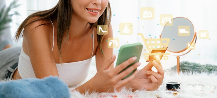 Photo consumer holding credit card typing phone shopping online inventory cybercash