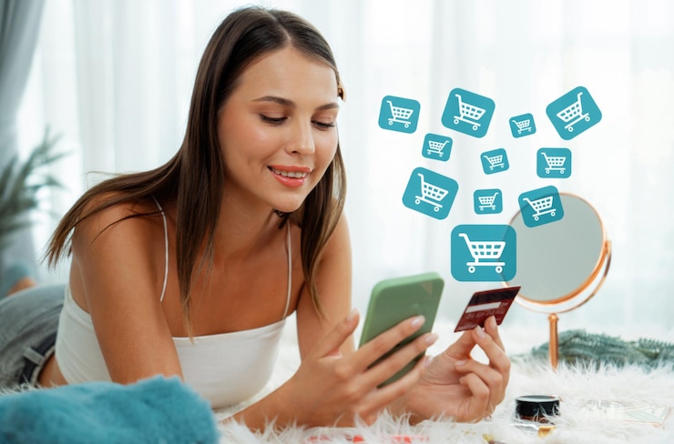 Photo consumer holding credit card typing phone shopping online inventory cybercash