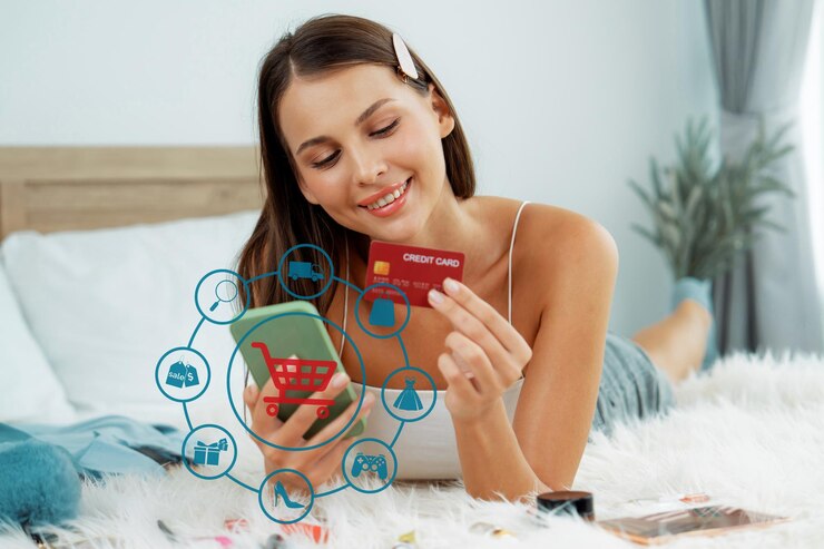 Photo consumer holding credit card typing phone shopping online inventory cybercash