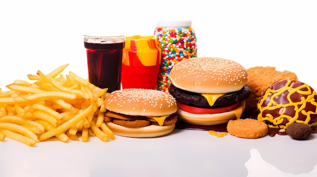 Photo consuming junk food as fried foods hamburgers soft drinks leading to health risks