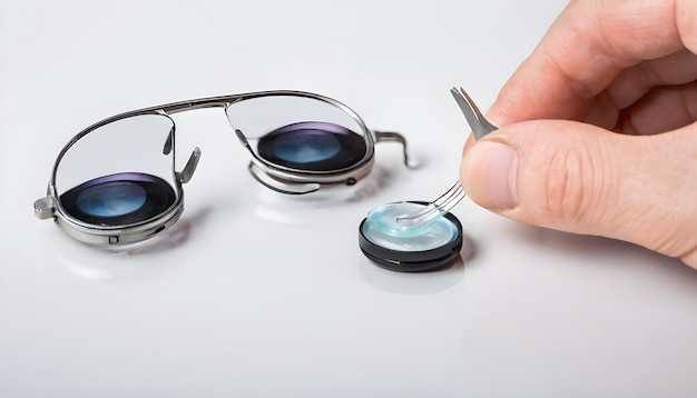 Contact lenses Case with tongs Poor vision eye problems Health and disease prevention concept