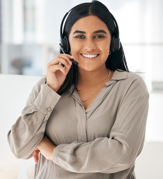Contact us call center and woman in customer support happy to help clients with loan or insurance advice Smile about us and Indian sales agent networking talking and consulting customers online