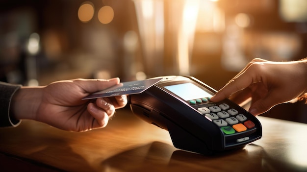 コンタクトレス支払いコンセプト - クレジットカードを保有する顧客がカウンターに NFC テクノロジーを搭載しクライアントがトランザクションを実行し請求書を支払う