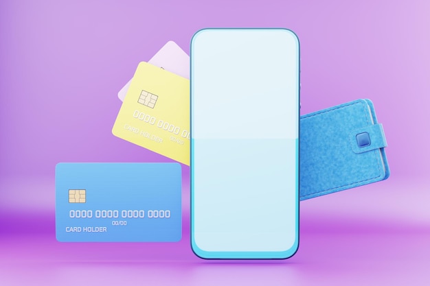 사진 접촉없는 결제 온라인 은행 은행 서비스 magenta 모바일 결제 스마트폰 동전 은행 카드 지갑 3d 렌더링