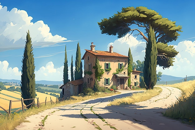 Contado house near the road in anime art style