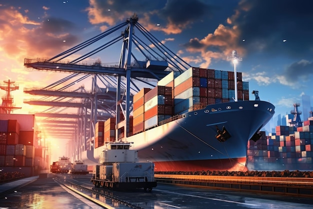 Container Cargo freight ship with working crane bridge at sunset for Logistic Import Export background A container cargo freight ship with a working crane bridge forms an import AI Generated