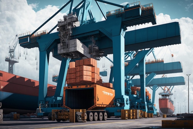 Container Cargo freight ship with working crane bridge and working crane bridge in shipyard for Logistic Import Export background Generative AI