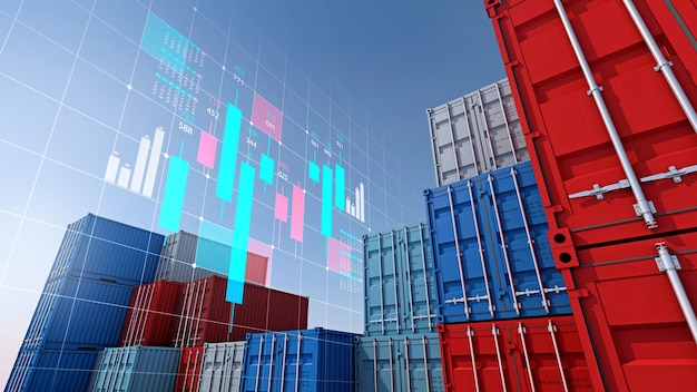 Container cargo per import export business e grafico digitale del mercato azionario, rendering 3d