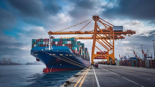 Container cargo ship freight shipping unloading at original destination port with quay crane busin