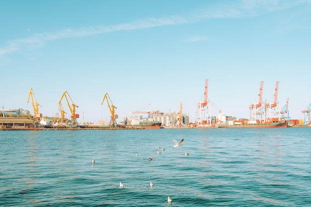 container cargo ship at industial port in import export logistic and transportation