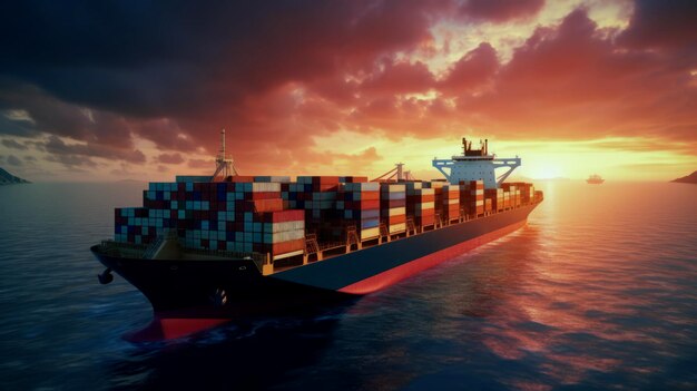 Photo container cargo ship in the ocean at sunset background with copy space international global business logistics transportation import export concept