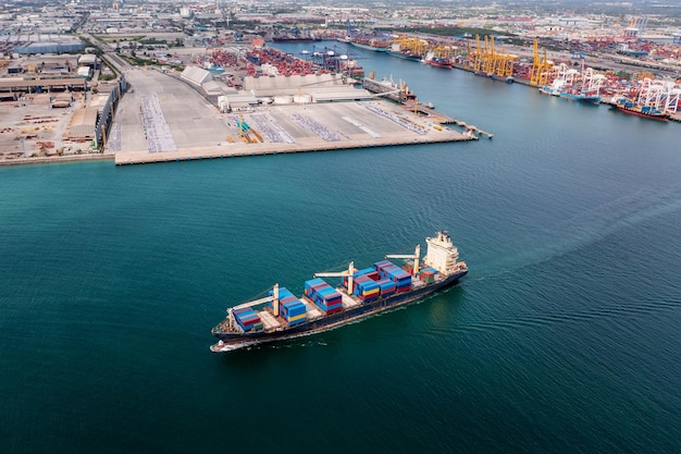 Container cargo ship sailing in green sea to transport of goods
import export internationally