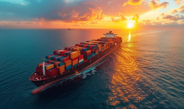 Фото Контейнерный грузовой корабль плывет по морю с красивым закатным небом