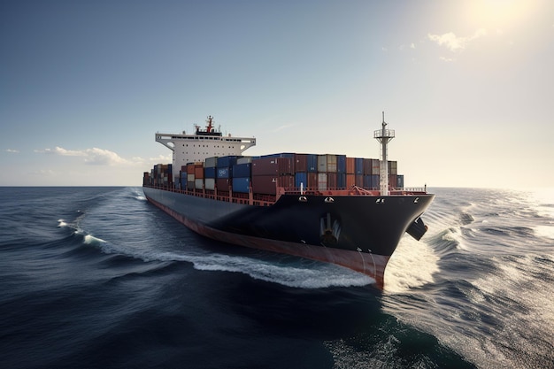 Photo container cargo ship with working crane bridge in the sea generative ai