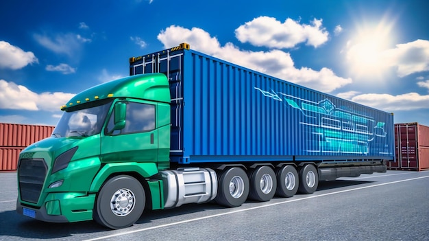 A container cargo truck charges at a solarpowered station embodying green transportation