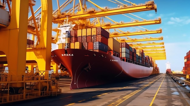 Container Cargo vrachtschip met werkende kraanbrug Generatieve ai
