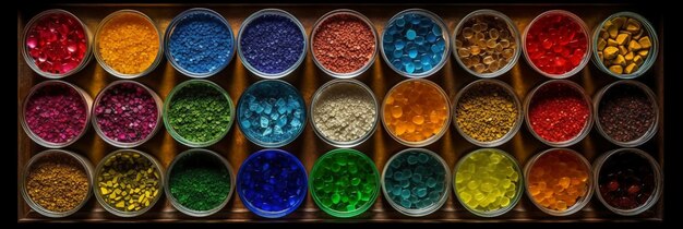 A container of colored beads