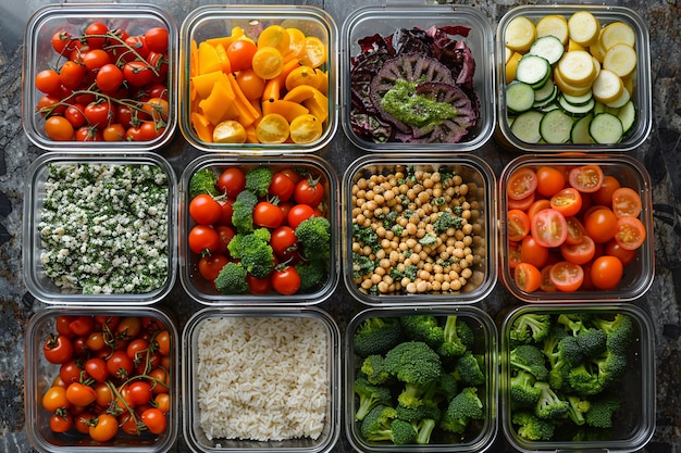 a container of different vegetables including beans tomatoes and rice
