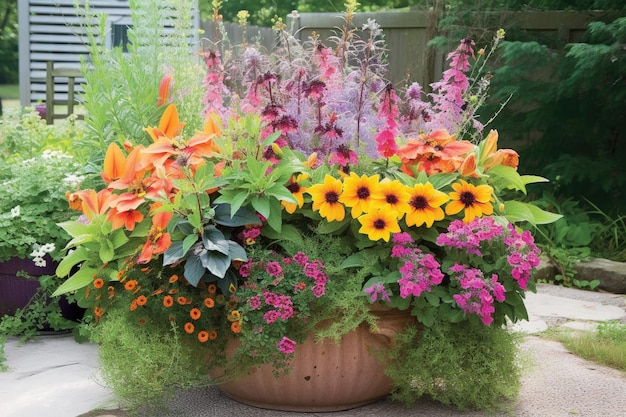 Container garden overflowing with vibrant blooms created with generative ai