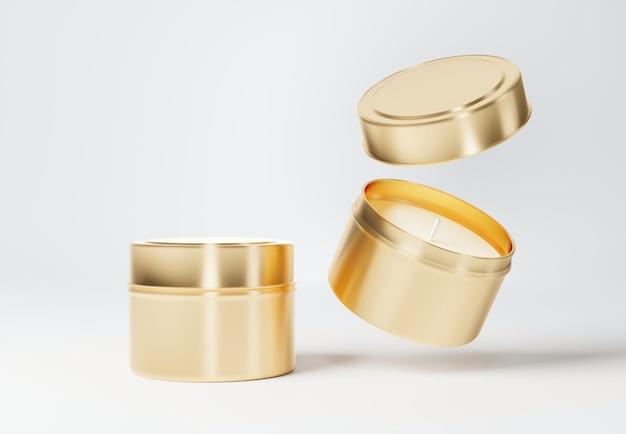 Container gouden kaars tin box mockup op grijze achtergrond 3D render
