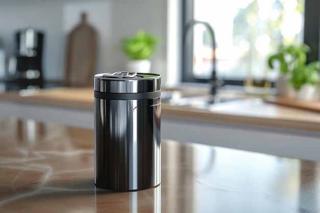 a container of green olives sits on a kitchen counter