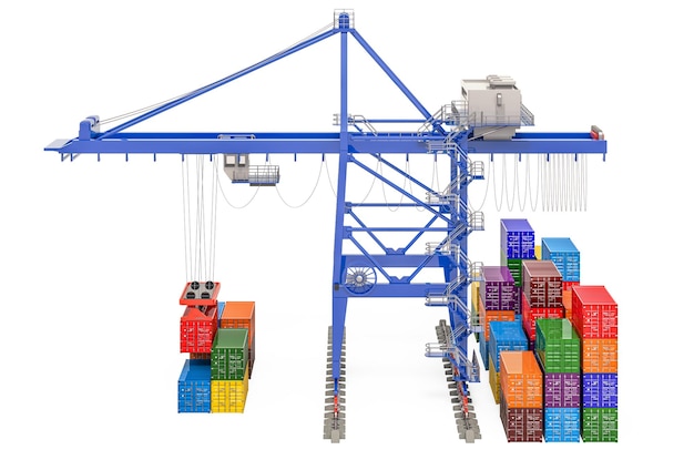 Photo container handling gantry crane with freight containers 3d rendering