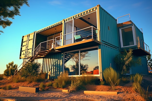 A container home building on a plot of land 2 storey modern container house cafe or restaurant