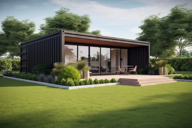 Container house and office with lawn grass 3d rendering AI