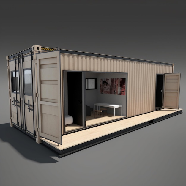 A container house with a table and chairs on it