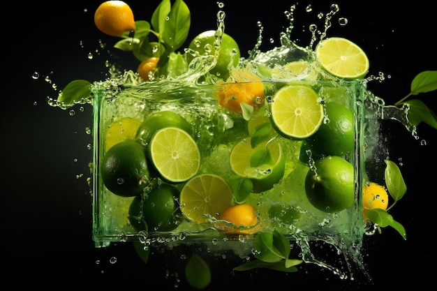 a container of limes and limes with a splash of water