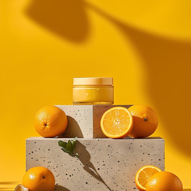 A container of lotion with oranges and fruits displayed at yellow and gold