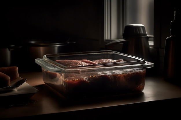 A container of meat sits on a counter with the lid open.