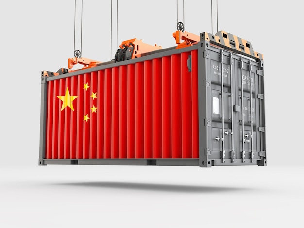 Container met Chinese vlag en kraanhaak. 3D-weergave.