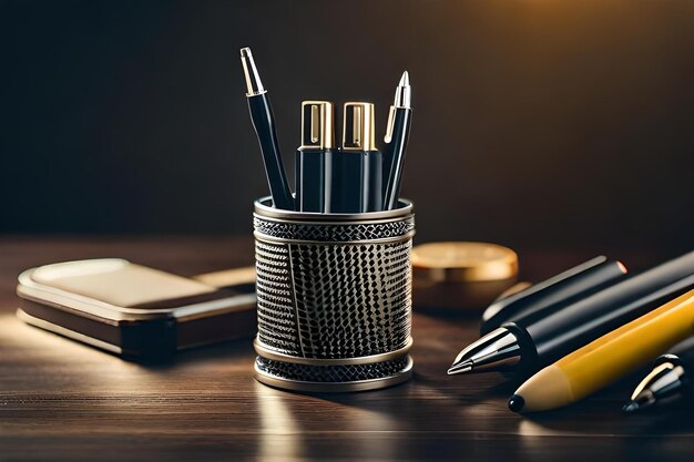 A container of pens and a pen on a table