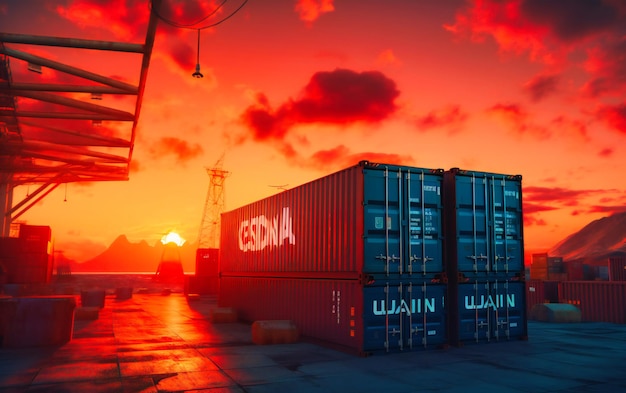 A container at port with the sun setting behind it