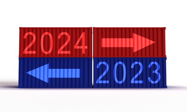 Фото Контейнер красный синий оранжевый цвет 2023 2024 время календарь событие с новым годом начало начало стрелка направление