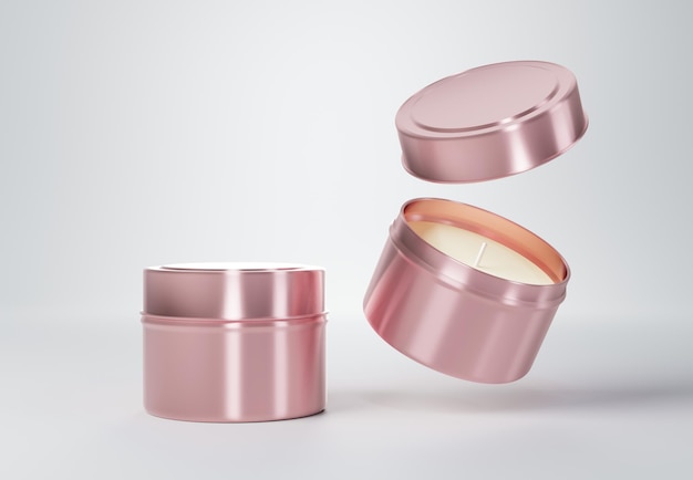 Container rose gouden kaars tin box mockup op grijze achtergrond 3D render