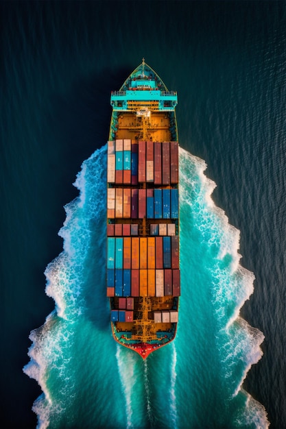 Photo container ship aerial view blue sea generative ai