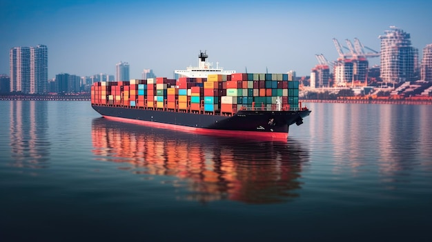 Container ship on the background of the port carrying colorful containers ai generated