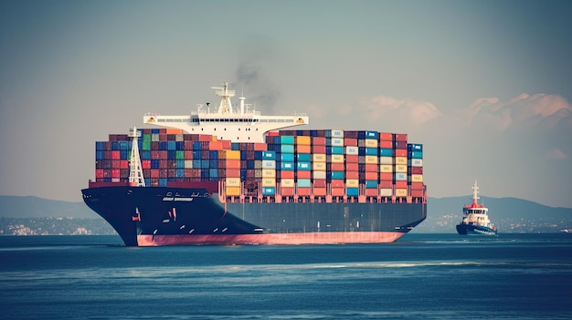 Container ship on the background of the port carrying colorful containers ai generated