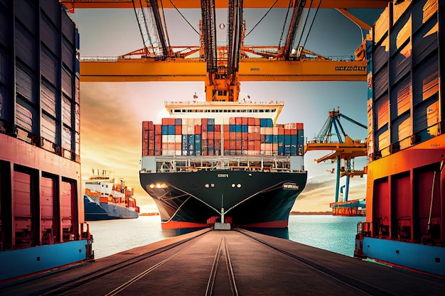 Container Ship Being Loaded and Unloaded