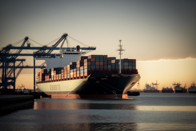 a container ship at a busy port symbolizing global trade and commerce