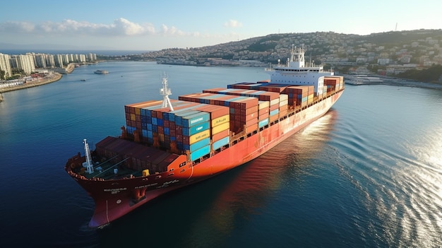 container ship cruise on the sea aerial view afternoon clear water